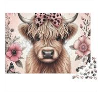 Simpatico puzzle da 1000 pezzi con mucca delle Highlands e fiocco a pois rosa, gioco educativo per adulti, decorazione per la casa, sfida di alta difficoltà, regalo di compleanno. 38x26cm/1000pcs