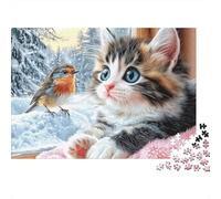 Simpatico puzzle da 1000 pezzi con scena invernale di un gattino e un uccellino nella neve, per adulti, giochi educativi, bella decorazione, stimolante, regalo di compleanno, 38x26 cm