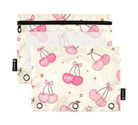Simpatico raccoglitore a 3 anelli con ciliegie rosa, con cerniera, astuccio per matite, penne, raccoglitori scolastici, tasche trasparenti per ragazzi, 24,9 x 18 cm, confezione da 2