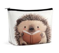 Simpatico riccio che legge un libro con una borsa per il trucco da caffè, organizer da viaggio per articoli da toilette, pochette cosmetica per donne, regali di compleanno per mamme, ragazze, donne e