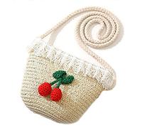 Simpatico sacchetto di paglia fatto a mano con fiori e frutti, per bambine e ragazze, borsa da spiaggia estiva, Ciliegia (Beige) - 16-KSB