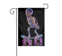 Simpatico scheletro su uno skateboard, bandiera da giardino, 30 x 45 cm, verticale, double face, decorazione per casa colonica, vacanze, esterni, bandiera da cortile