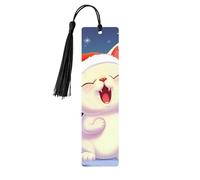 Simpatico segnalibro in legno con ciondolo a forma di gatto che canta canti natalizi con nappa, unico segnalibro in legno fatto a mano, ideale come regalo di compleanno
