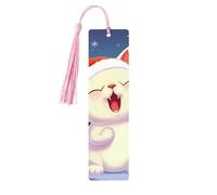 Simpatico segnalibro in legno con ciondolo a forma di gatto che canta canti natalizi con nappa, unico segnalibro in legno fatto a mano, ideale come regalo di compleanno