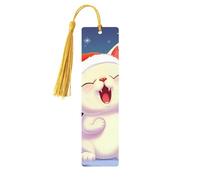 Simpatico segnalibro in legno con ciondolo a forma di gatto che canta canti natalizi con nappa, unico segnalibro in legno fatto a mano, ideale come regalo di compleanno