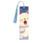 Simpatico segnalibro in legno con ciondolo a forma di gatto che canta canti natalizi con nappa, unico segnalibro in legno fatto a mano, ideale come regalo di compleanno