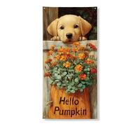 Simpatico striscione decorativo per porta con cuccioli, fiori autunnali gialli calendula piante per porta d'ingresso, per interni ed esterni, sfondo da appendere per festival e vacanze, 91 x 182 cm