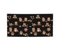 Simpatico striscione marrone con stampa di gufi in stile cartone animato, sfondo decorativo per feste di compleanno, Capodanno, Natale.