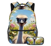 Simpatico struzzo e fiore per stare al passo con il gioco di stile con il set di 2 zaini per bambini, zaino alla moda e astuccio per ragazzi, ragazze e adolescenti, Multicolore, B:29.4x20x40cm\