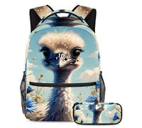 Simpatico struzzo e fiore Sii l'invidia della tua classe con il nostro set zaino alla moda e astuccio, Multicolore, B:29.4x20x40cm P:19x7.5x3.8cm, Zaino daypack