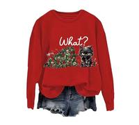 Simpatico Sweatshir Natale Manica Lunga Donna Natale Pullover Top Novità Divertente Cat Say What Graphic Felpa Girocollo Autunno Felpa Pullover Top, Rosso, S