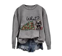 Simpatico Sweatshir Natale Manica Lunga Donna Natale Pullover Top Novità Divertente Cat Say What Graphic Felpa Girocollo Autunno Felpa Pullover Top, Grigio, L
