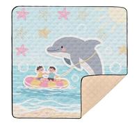 Simpatico tappetino da gioco imbottito con delfini in stile cartone animato, per interni ed esterni, impermeabile, per la pancia e per gattonare, per neonati e bambini, 127 x 127 cm