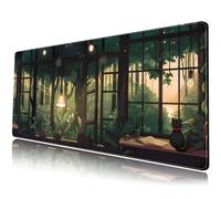 Simpatico tappetino da scrivania Lofi con piante verdi, tappetino per mouse grande gatto nero estetico Kawaii anime tappetino per mouse da gioco espanso XL per computer portatile, tastiera e mouse, 80