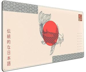 Simpatico tappetino per mouse beige con estetica giapponese ramen, tappetino da scrivania per mouse con cibo per pesce, colori bohémien alla moda, XXL, grande tappetino per mouse, tappetino per