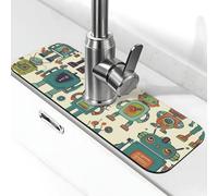 Simpatico tappetino per rubinetto con robot dei cartoni animati per lavello da cucina, tappetino per rubinetto super assorbente, cattura spruzzi, diatomite ad asciugatura rapida in pietra per