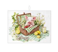 Simpatico tappetino scolapiatti a forma di maialino per bancone della cucina, fantasia floreale, assorbente, tappetino scolapiatti in microfibra primaverile per decorazione bancone della cucina, 45,7