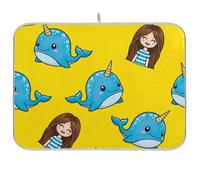 Simpatico tappetino scolapiatti blu con balena gialla, assorbente, reversibile, tappetino protettivo per bancone, 40,6 x 45,7 cm