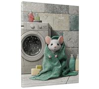 Simpatico topolino in asciugamano da parete, stampa su tela con animali verdi e grigi, decorazione per il bagno per casa, soggiorno, camera da letto, lavanderia, 30,5 x 40,6 cm