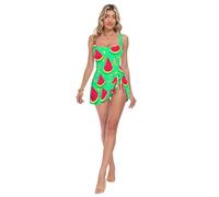 Simpatico vestito da bagno verde con fetta di anguria per le donne, con gonna laterale e cravatta per vacanze tropicali, Fetta di anguria carina verde, L