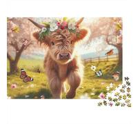 Simpatico vitello delle Highlands, puzzle da 1000 pezzi, mucca con corona di fiori, gioco educativo per adulti, bellissima decorazione, difficile, stimolante, regalo di compleanno, 70x50cm/1000pcs