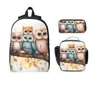 Simpatico zaino con gufo su ramo per ragazze e ragazzi con borsa per il pranzo, astuccio per matite acquerello, 3 pezzi, borse per la scuola, isolanti, regali per donne e uomini