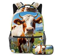 Simpatico zaino con mucca e fiore, versatile ed elegante, con astuccio, l'ultimo set di zaini per la scuola per studenti, Multicolore, B：29.4x20x40cm P：19x7.5x3.8cm, Zaini Daypack