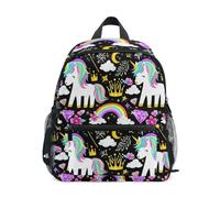 Simpatico zaino per bambini con unicorni arcobaleni nero per ragazzi e ragazze, piccola borsa da viaggio per libri con etichetta per il nome, borsa per la scuola per bambini, Simpatici unicorni