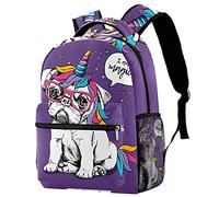 Simpatico zaino viola con unicorno carlino per ragazzi e ragazze con spallacci regolabili, maniglia per il trasporto e doppie maniche per bottiglie