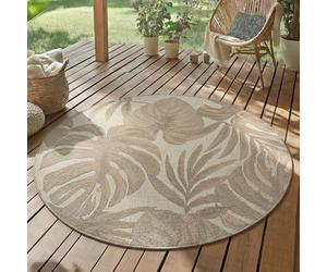 SIMPEX Tappeto Outdoor Rotondo 120 cm Beige Resistente alle Intemperie UV Facile da Pulire Design Foglie di Palma per Balcone Terrazza Giardino