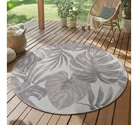 SIMPEX Tappeto Outdoor Rotondo 160 cm Grigio Resistente alle Intemperie UV Facile da Pulire Design Foglie di Palma per Terrazza Giardino Soggiorno