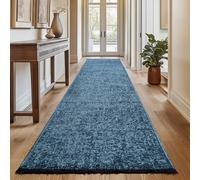 SIMPEX Tappeto Passatoia in Cotone Blu 80x250 cm Lavabile Stile Boho Vintage Kelim Pelo Corto Antiscivolo Morbido Tinta Unita Mélange per Cucina Camera Corridoio