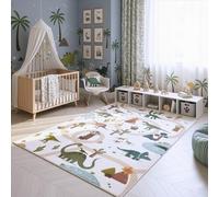 SIMPEX Tappeto per Bambini Dinosauri Tappeto Gioco per Cameretta in Crema con Motivo Dino e Strade misura 80x150 cm ideale per piccoli spazi gioco