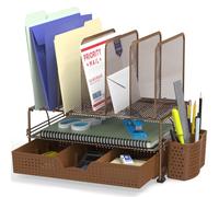 Simple Houseware Mesh Desk Organizer with Sliding Drawer Double Tray and 5 Upright Sections Copper