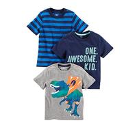 Simple Joys by Carter's 3-Pack Short-Sleeve Tee Shirts Maglietta, Blu Marino Stampa Testo/Blu Righe/Grigio Dinosauri, 2 Anni (Pacco da 3) Bimbo