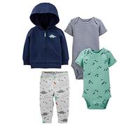 Simple Joys by Carter's 4-Piece Jacket, Pant, And Bodysuit Set Layette, Blu Marino Righe/Blu Scuro/Grigio Dinosauri/Verde, 0 Mesi Bimbo