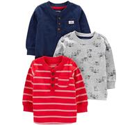 Simple Joys by Carter's Camicie a Maniche Lunghe Bimbo, Pacco da 3, Blu Marino/Grigio Cani/Rosso Righe Doppie, 12 mesi