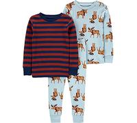 Simple Joys by Carter's Set pigiama natalizio in cotone aderente per bambini, 3 pezzi, Borgogna a righe/alce azzurre, 18 Mesi