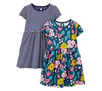 Simple Joys by Carter's Short-Sleeve And Sleeveless Dress Sets, Pack of 2 Abito Casual, Bianco Righe/Blu Marino Stampa Floreale, 5 Anni (Pacco da 2) Bambine e Ragazze