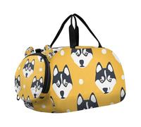 Simple Line - Borsone da palestra con faccine di cane in stile cartone animato nero su giallo, con scomparto per scarpe, multifunzionale, per viaggi, nuoto, danza, danza