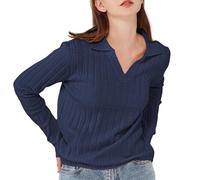 Simple&Opulence Maglie da Donna con Scollo a V, Felpe Polo Leggere da Donna, Pullover a Coste con Colletto a Giro, Maglieria a Maniche Lunghe per la Primavera Estate, XL, Blu Denim Scuro