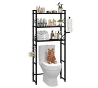 Simple Trending Over The Toilet Storage Rack with Toilet Paper Holder, Heavy Duty Metal 3 Tier Bathroom Organizer Shelf with 3 Hooks,Black