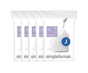 simplehuman Code J - Sacchetti per la spazzatura su misura, 50% plastica PCR riciclata, 5 confezioni da 20 (100 pezzi), in plastica bianca