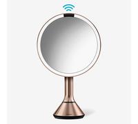 simplehuman Specchio da trucco rotondo con sensore da 20,3 cm con doppia regolazione della luce, ingrandimento x5, ricaricabile e senza fili, acciaio inossidabile oro rosa