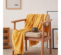 Simpleopulence, coperta in cotone naturale effetto stropicciato, lavorata a maglia con nappe, coperta accogliente, sciarpa, scialle, decorazione per casa N9000 Iii