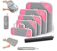 Simplify Living Travel Compression Organizers, a set of 5 compressible, lightweight, space-saving organizers with a double zipper design, are a unisex travel essential (Pink)