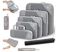 Simplify Living Travel Compression Organizers, a set of 5 compressible, lightweight, space-saving organizers with a double zipper design, are a unisex travel essential (Gray)