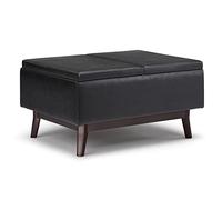 SIMPLIHOME Owen Owen Owen Pouf con vassoio quadrato e spazio di archiviazione, poggiapiedi da cocktail in ecopelle nera imbottita, moderno metà secolo