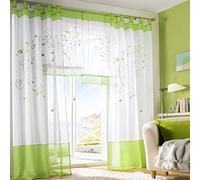 SIMPVALE 2 Pezzi Pastorale Ricamo Finestra Tende Trasparenti per Soggiorno Camera da Letto, Verde, 140cm x 175cm
