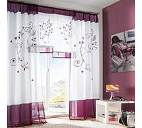 SIMPVALE 2 Pezzi Pastorale Ricamo Finestra Tende Trasparenti per Soggiorno Camera da Letto, Viola, 140cm x 270cm